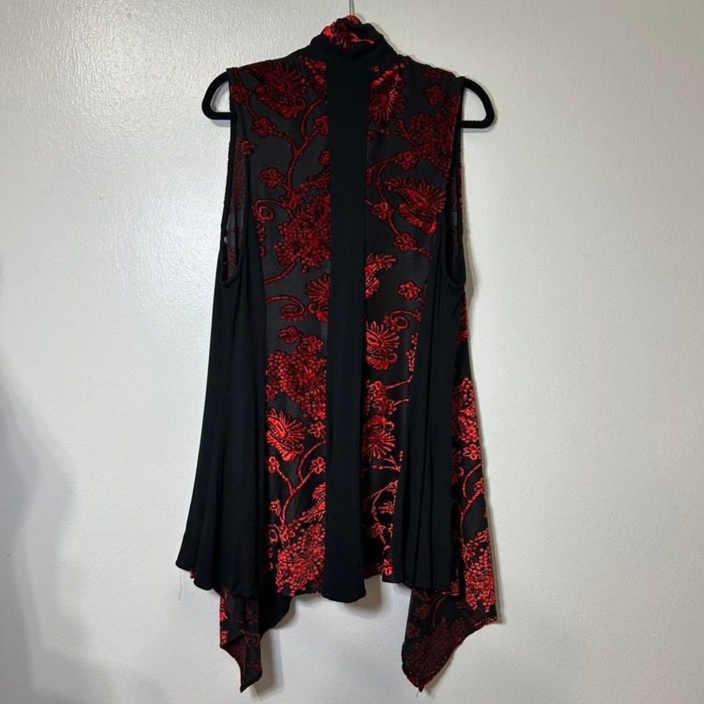 Vintage Red Black Velvet Burnout Longline Open Cardigan Women L Goth Witchy Vamp